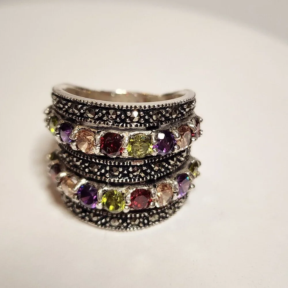 Vintage Silver Multi-gemstone Marcasite Ring